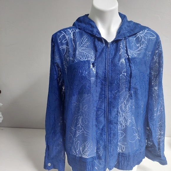 Chico's Tops - Chicos Blue Hooded Full Zip 2 Tropic Day Cool‎ Jacket Symphony Women's Floral